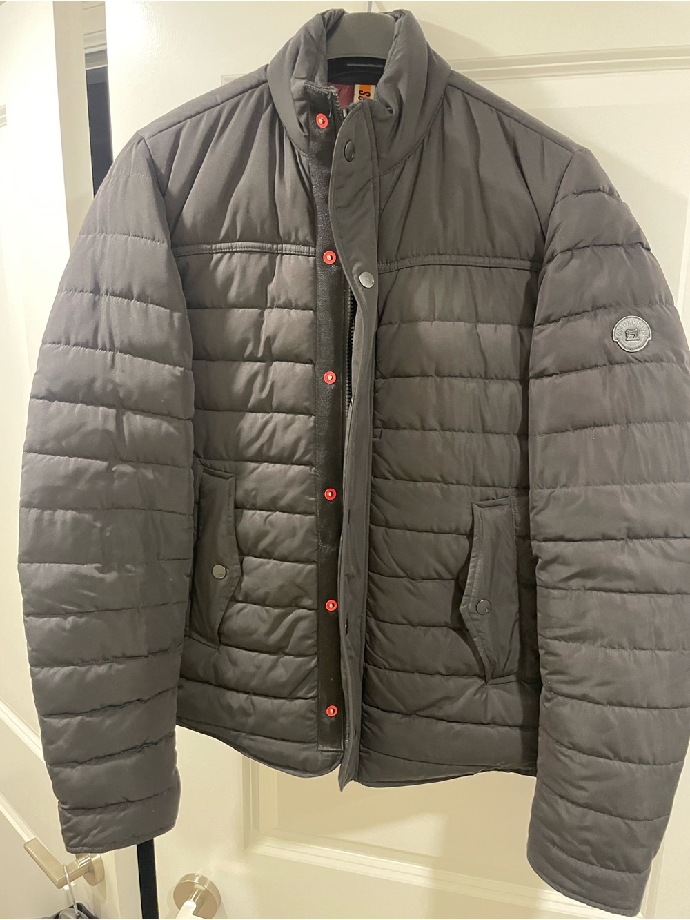 Scotch & Soda Men's Quilted Puffer Jacket - Gray with Red Snap Accents